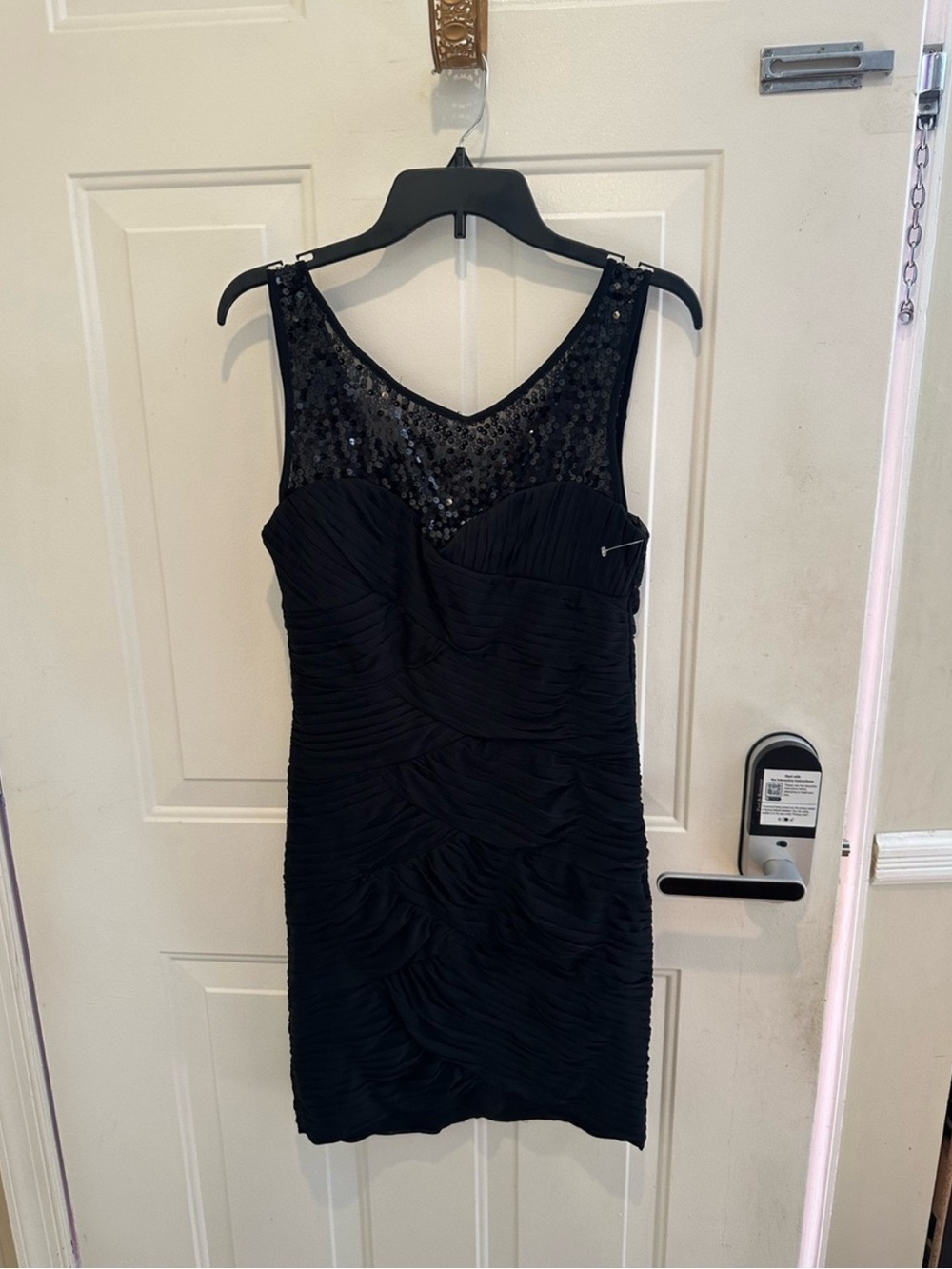 London Times Black Sequin Mesh Ruched Mini Dress